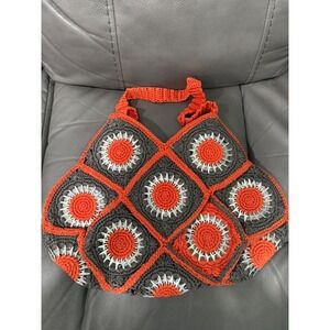 Handmade Crochet Soda Pop Tab Bag Orange Gray Boho Granny Square Lined Tote